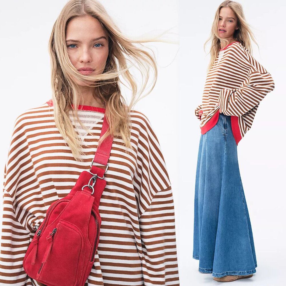 Free People We The Free Classic Striped Oversized Crewneck S Coffee Combo $98 - Picture 3 of 16